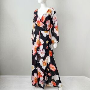 GB Gianni Bini Floral Wrap Maxi Dress With Open Back & Ruffle Neck, Size Large